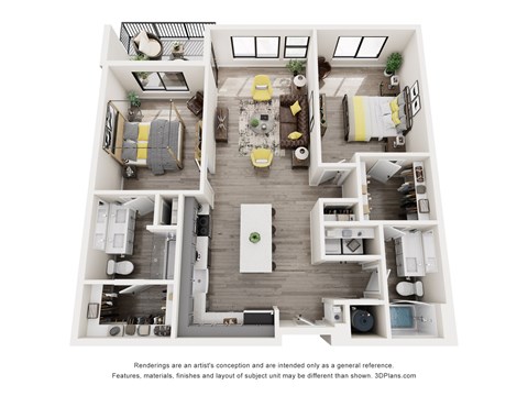 Floor plan for 2 beds, 2 baths, 1253 sqft